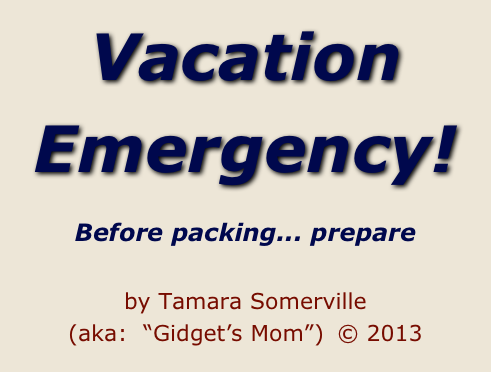 
Vacation
Emergency!



Before packing... prepare  

by Tamara Somerville 
(aka:  “Gidget’s Mom”)  © 2013