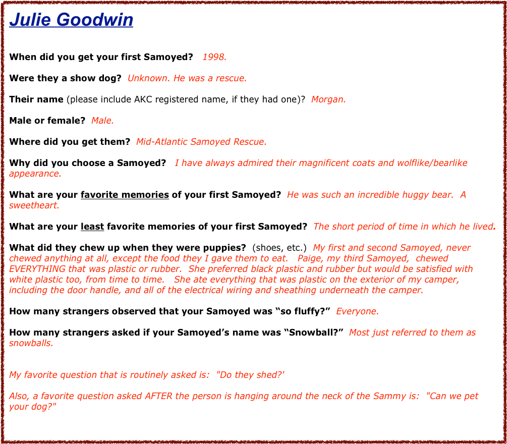 Julie Goodwin


When did you get your first Samoyed?   1998.

Were they a show dog?  Unknown. He was a rescue.

Their name (please include AKC registered name, if they had one)?  Morgan.

Male or female?  Male.

Where did you get them?  Mid-Atlantic Samoyed Rescue.

Why did you choose a Samoyed?   I have always admired their magnificent coats and wolflike/bearlike appearance.

What are your favorite memories of your first Samoyed?  He was such an incredible huggy bear.  A sweetheart.

What are your least favorite memories of your first Samoyed?  The short period of time in which he lived.

What did they chew up when they were puppies?  (shoes, etc.)  My first and second Samoyed, never chewed anything at all, except the food they I gave them to eat.   Paige, my third Samoyed,  chewed EVERYTHING that was plastic or rubber.  She preferred black plastic and rubber but would be satisfied with white plastic too, from time to time.   She ate everything that was plastic on the exterior of my camper, including the door handle, and all of the electrical wiring and sheathing underneath the camper.

How many strangers observed that your Samoyed was “so fluffy?”  Everyone.

How many strangers asked if your Samoyed’s name was “Snowball?”  Most just referred to them as snowballs.


My favorite question that is routinely asked is:  "Do they shed?'

Also, a favorite question asked AFTER the person is hanging around the neck of the Sammy is:  "Can we pet your dog?"

